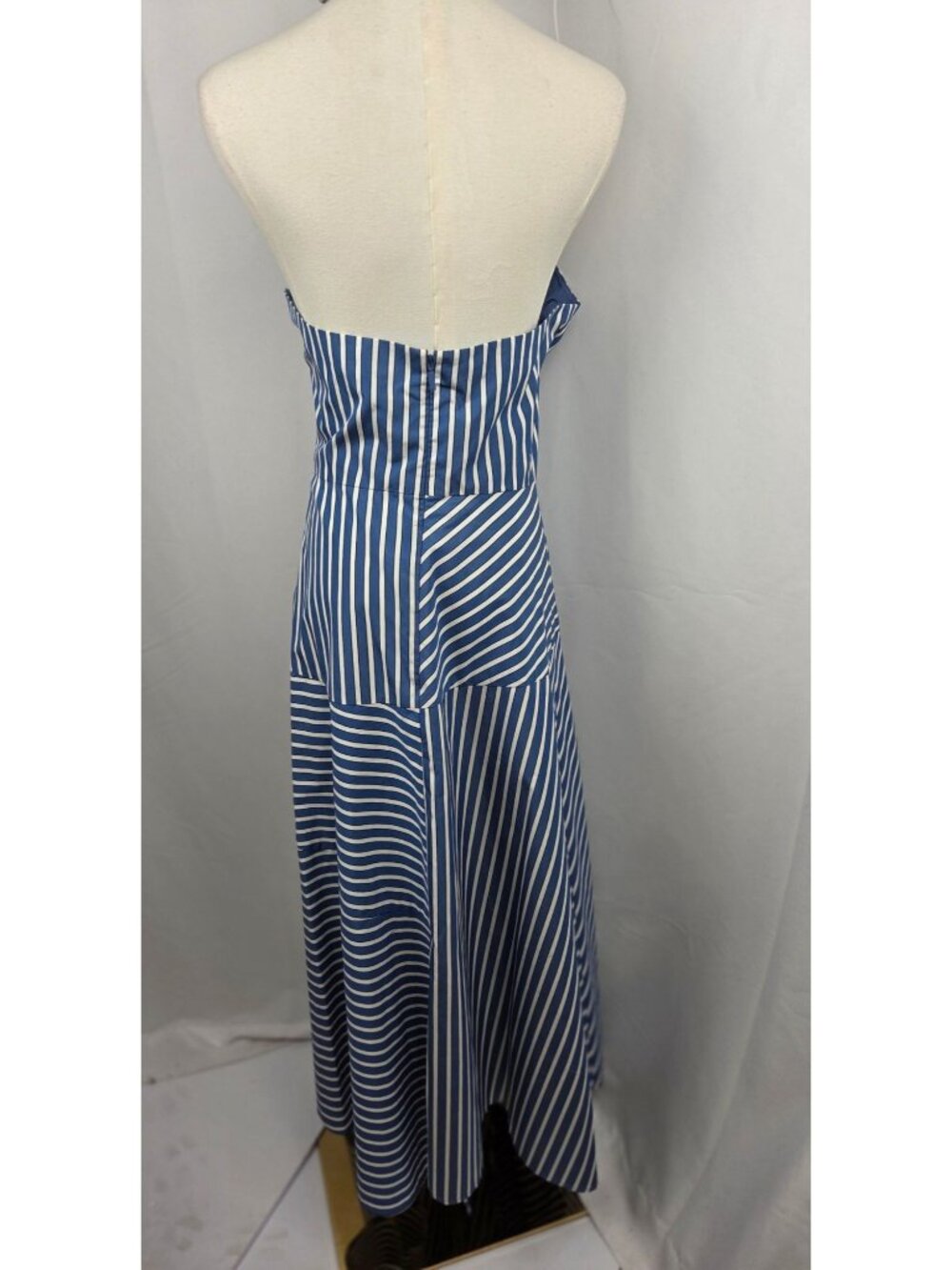 Lafayette 148 New York Blue White Striped Cotton Halter Dress Sz 8 Midi Pleated - Picture 7 of 15
